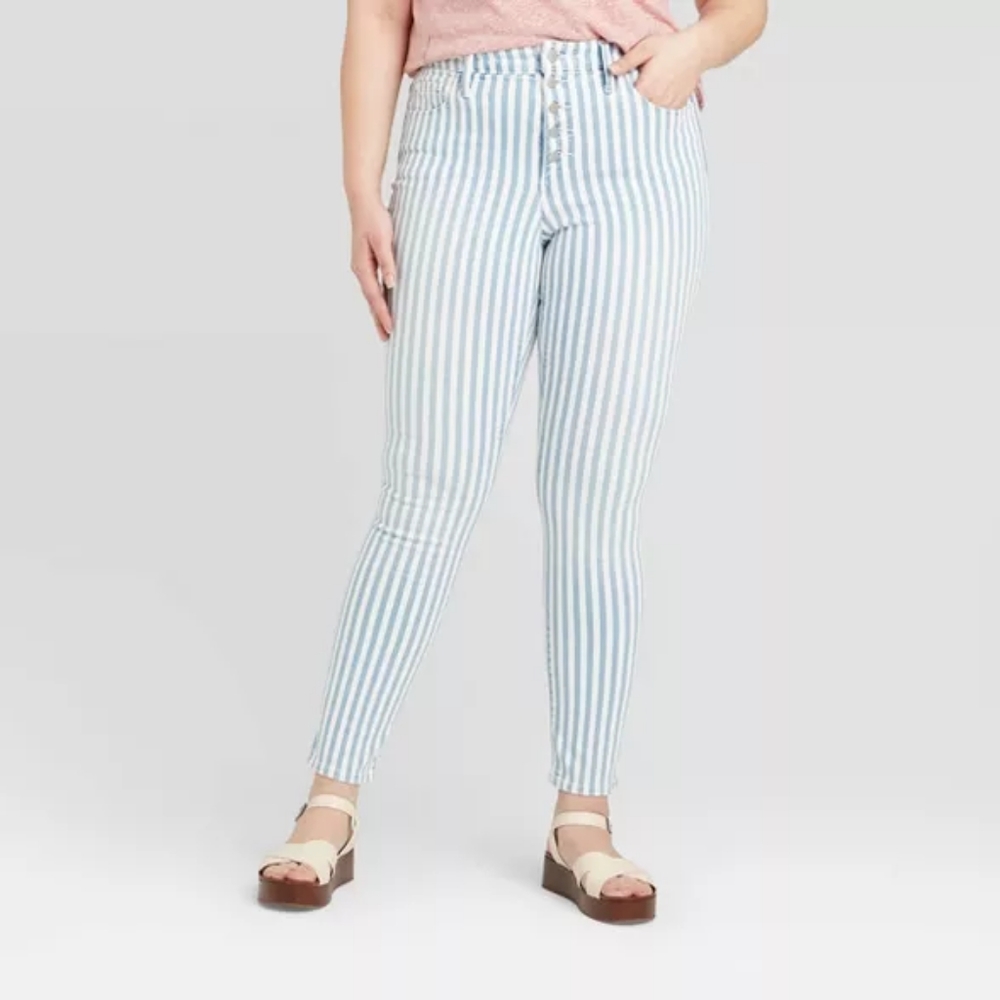 High rise skinny geek stripe jeans button fly